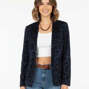 Christopher & Banks Velvet Paisley Blazer 1X Royal Blue/Black One-Button Jacket